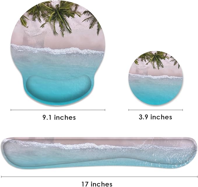 Britimes Blue Ocean Mouse Pad 3pcs Set with Wrist Support Non-Slip Rubber Base Ergonomic Pad,Summer Beach Mouse Wrist Cushion Support and Coasters for Home Office Gaming Easy Typing & Pain Relief
