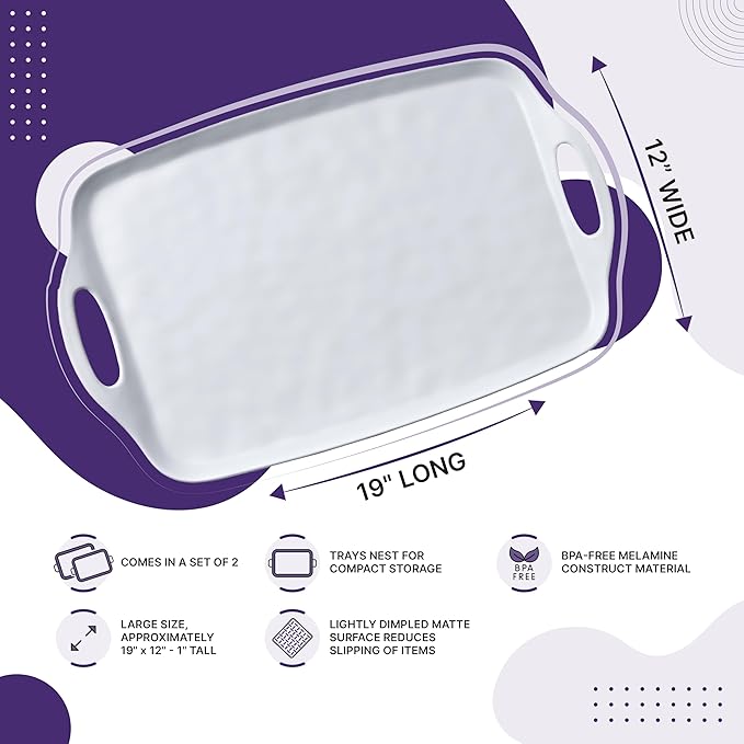 Large Serving Tray Set of 2 – 19 x 12 Inch White Rectangular Melamine Trays with Handles – Durable Plastic Food Serving Tray for Snacks, Meals, Parties, Outdoor & Indoor Use