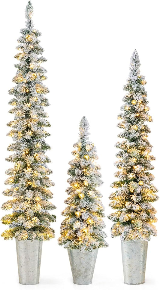 GOFLAME Set of 3 Pre-Lit Potted Christmas Trees, Snow Flocked Pencil Christmas Tree Set 3Ft, 4Ft and 5Ft with Warm White LED Lights, 8 Lighting Modes, Timer, Holiday Decoration Tree for Home Party