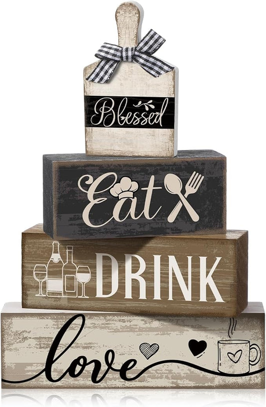 4 Pcs Wooden Farmhouse Tabletop Decor Farmhouse Tiered Tray Decor Black Brown and White Plate Tableware Centerpiece Wooden Plate Rustic Decorative Block Sign for Kitchen Shelf Desk Decoration