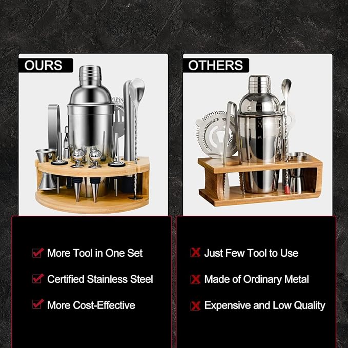 12 Piece 25oz Cocktail Shaker Set Bartender Kit with Stand, Professional Stainless Steel Bar Tool Set, Bar Set ，Home Mixology Tool Sets，Cocktail Recipes Booklet ，Silver
