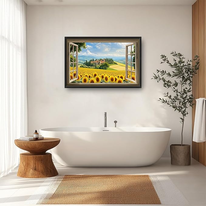 Sunflower Wall Art, Italy Pictures Wall Decor, Window Flower Canvas Prints Painting, Modern Large Framed Artwork For Living Room Office Bedroom Corridor 36"x 24"