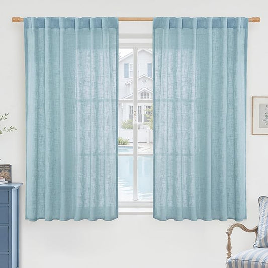 LAMIT Semi Sheer Linen Curtains 45 Inches Long, Light Filtering Panels Back Tab and Rod Pocket Country Decor Drapes for Farmhouse/Window/Bedroom, Stone Blue, 2 Panels, 52 x 45 Inch