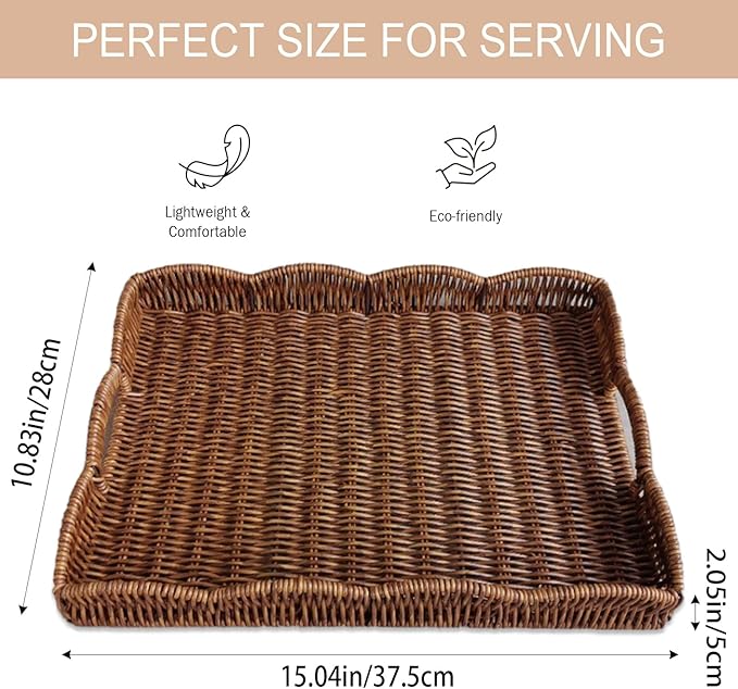 Serving Tray with Scalloped Edge, Rectangular Wicker Tray with Handles, Ideal for Breakfast or Meals in Bed and on Sofa, Decorative Coffee Table Tray to Enhance Dining (Coffee Brown)