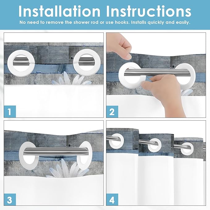 No Hook Blue Daisy and Butterfly Shower Curtain with Snap in Fabric Liner Set, Rustic Farmhouse Double Layers Waterproof Fabric with See Through Top Window Open Grommet Bath Curtain 71x74 Inch