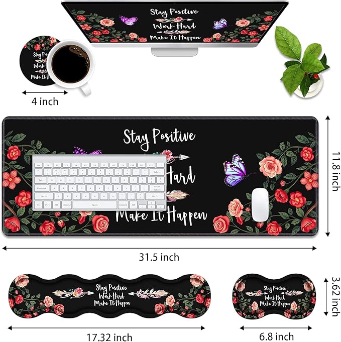 Ergonomic Memory Foam Mouse Pad Wrist Rest Set,Stay Positive Work Hard and Make It Happen Inspirational Quote Large Desk Pad + Keyboard Wrist Rest + Mouse Wrist Cushion + Coaster for Home Office Study