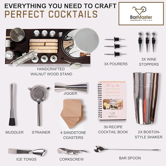 BarMaster® Cocktail Shaker Set – Bartender Kit with Bar Tools & Accessories – Mixology Set for Home Bar – Premium Cocktail Set, Martini Shaker, Barware Kit with Stand