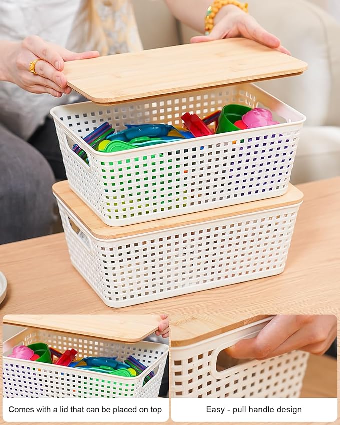 Storage Bins with Lids 6 Packs, Plastic Storage Bins with Bamboo Lids for Pantry Organization and Storage Containers for Shelves Drawers Desktop Closet Playroom Classroom Office Home, White