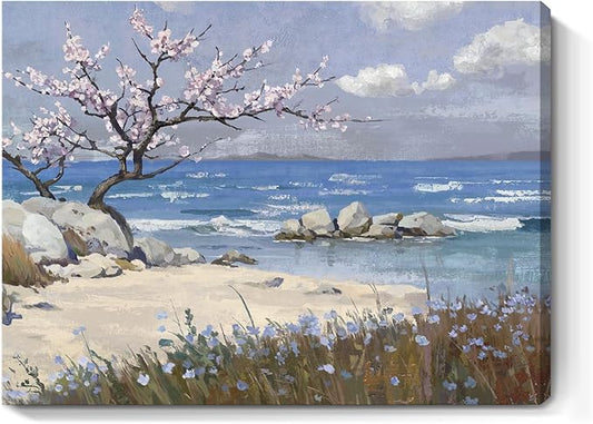 amatop Coastal Wall Art Small Bathroom Bedroom Kitchen Decor, Serene Pink Blossom Floral Tree Shore Calm Sea Beach Landscape Canvas Print Blue Ocean Scenery Abstract Nature Artwork for Walls 16x12 In