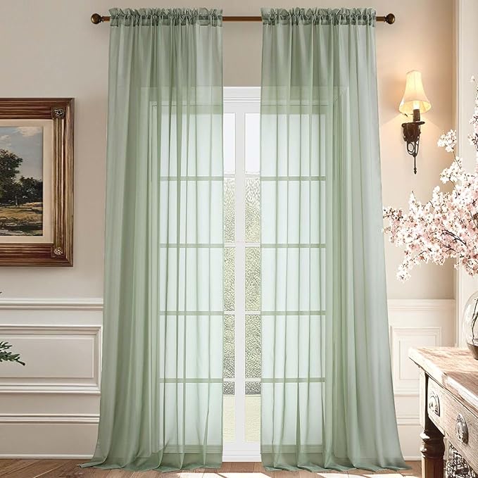 Aiyufeng 108 Inch Sage Green Sheer Window Curtains for Farmhouse, Rod Pocket Voile Window Treatment Vertical Panels for Study Room/Bedroom/Living Room, Sage Green, W59 x L108, 2 Panels
