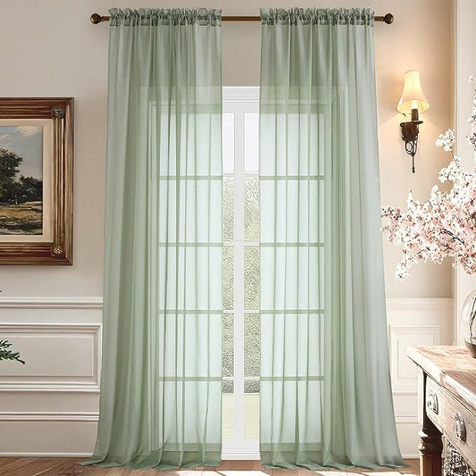 Aiyufeng 108 Inch Sage Green Sheer Window Curtains for Farmhouse, Rod Pocket Voile Window Treatment Vertical Panels for Study Room/Bedroom/Living Room, Sage Green, W59 x L108, 2 Panels