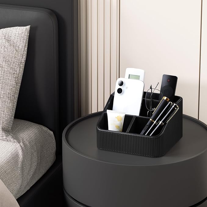 Remote Control Holder with 4 Compartments, PU Leather Small Nightstand Organizer for Home Desk Accessories Office Supplies, Multifunctional Stylish Small Bedside Desktop Organizers (Black)