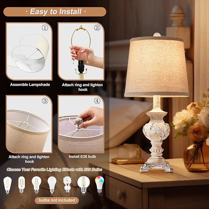 21'' Small Table Lamps for Bedroom Bedside Lamps Set of 2 Farmhouse Nightstand Lamps with Carved Floral Vintage Side Table Lamps for Living Room Kids Office, White, Bulb Not Include