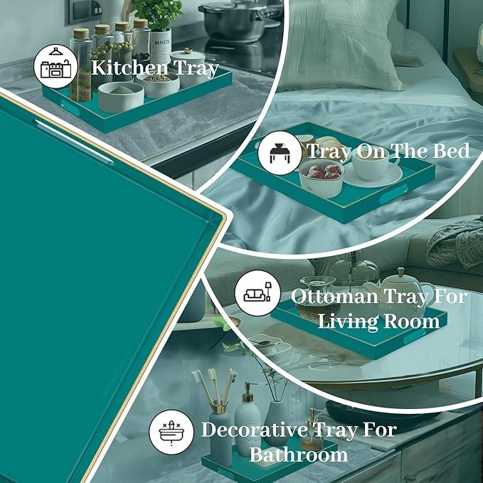 MAONAME Green Serving Tray with Handles, Rectangular Decorative Tray, Modern Coffee Table Trays, Plastic Ottoman Trays for Bathroom, Decor, 15.7” x 11.8” x 1.57"