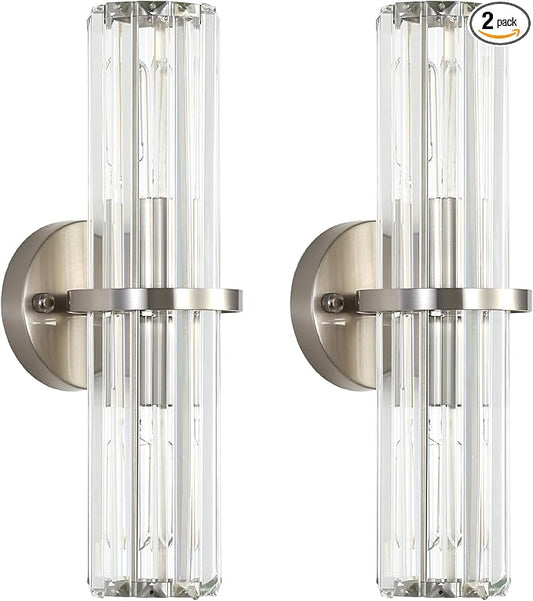 Crystal Wall Sconce Set of 2, Brushed Nickel Luxury Indoor Vanity Wall Lamp, 15.7-Inch Upper and lower illuminated Bathroom Light Fixtures, for Living Room, Bedroom, Bathroom, Hallway, Mirror, E26