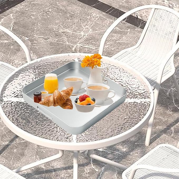 Serving Tray with Gold Trimming, Square Decorative Serving Trays with Handles, Coffee Table Tray Plastic Tray for Ottoman Living Room, Bathroom,Home Decor 13" L x 13" W x 1.57" H(Silver)