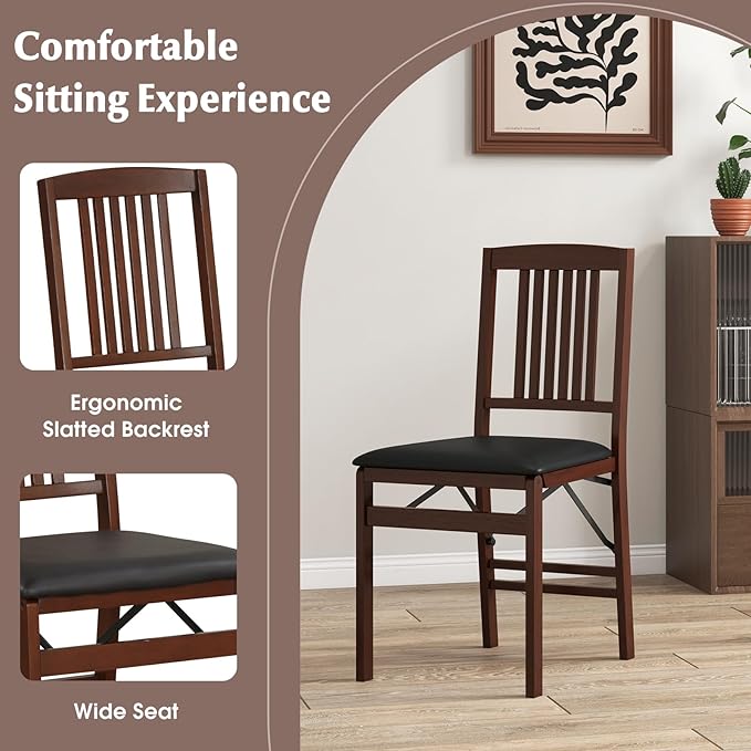 COSTWAY Folding Dining Chairs Set of 2, Wooden Kitchen Side Chairs w/Padded Seat, Solid Wood Frame, 400 LBS Load Bearing, No Assembly Needed, Vintage Foldable Chairs for Dining Room, Living Room