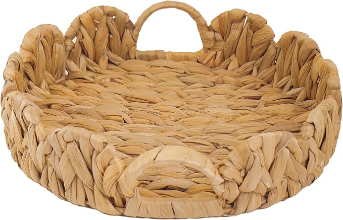 GYASVWU Water Hyacinth Scalloped Tray with Handles,Round Wicker Serving Trays for Coffee Table,Woven Tray for Ottoman Decorative and Organizer Trays (Water Hyacinth)