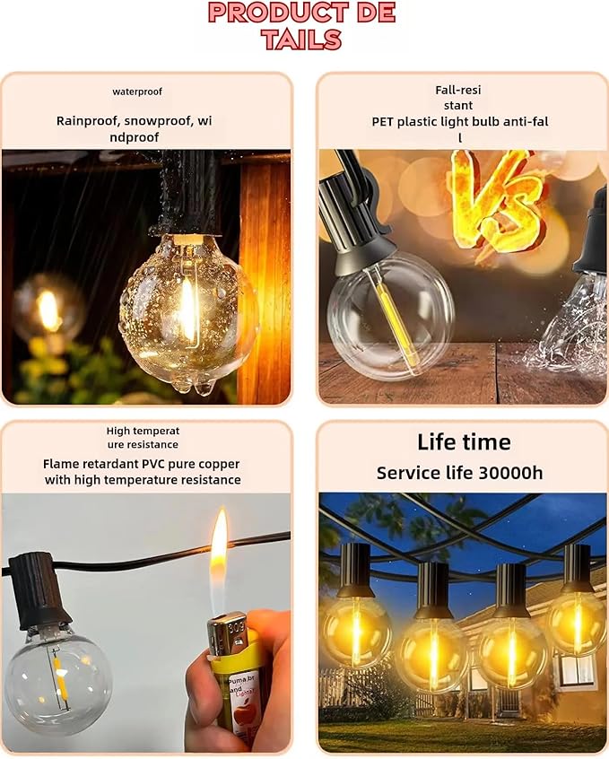 100FT Outdoor String Lights with 102 Shatterproof G40 LED Clear Globe Bulbs for Indoor/Outdoor, 2-Pack 50FT Connectable Hanging Lights for Party Decor