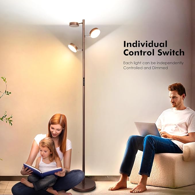 Dimmable LED Floor Lamp with Remote Modern Tall Standing Lamp with 3 Adjustable Heads Light Touch Control 4 Color Temperatures Timer Tree Floor Lamps for Living Room Bedroom Office Reading, Brown