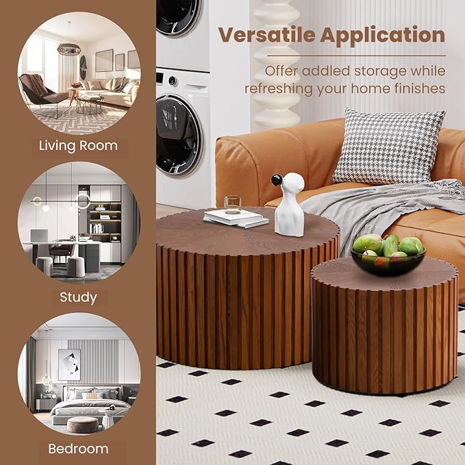 WXFKLDJ Round Nesting Coffee Table Set Cylindrical Wooden Coffee Table Sofa Center Table Circle Embossed Design Side Table for Living Room Apartment No Assembly (Striped Brown Large)