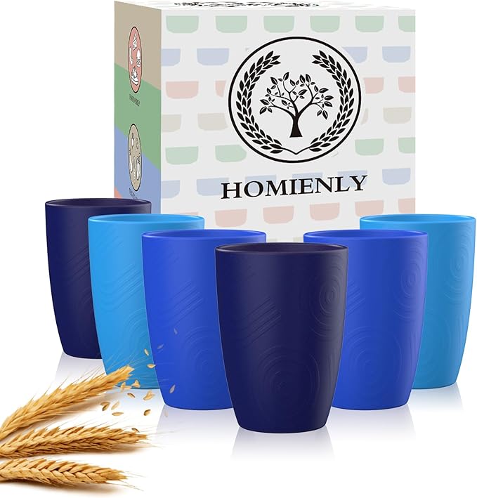 Homienly Glasses Drinking Set Premium Wheat Straw Cups Set of 6 Alternative to Plastic Cups Unbreakable Water Tumblers Reusable Cups for Kitchen Dishwasher Safe Water Glasses(12 OZ Blue Sky)