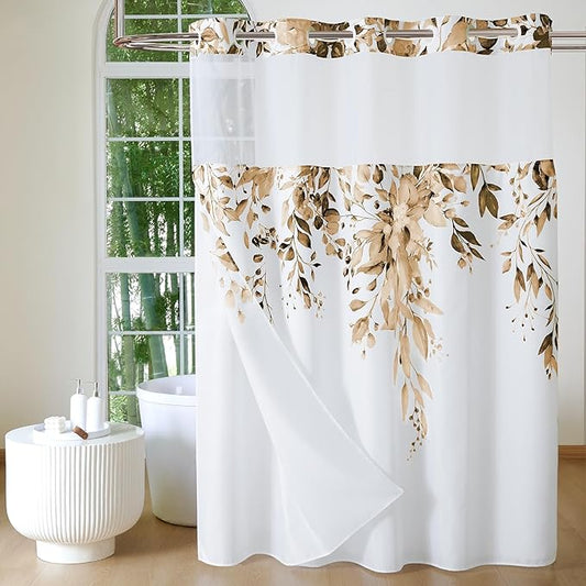 QiyI No Hook Shower Curtain with Snap in Fabric Liner, Brown Eucalyptus Shower Curtain with See Through Top Window, Waterproof Washable Cloth Ringless Shower Curtain Set for Bathroom, 72 x 75
