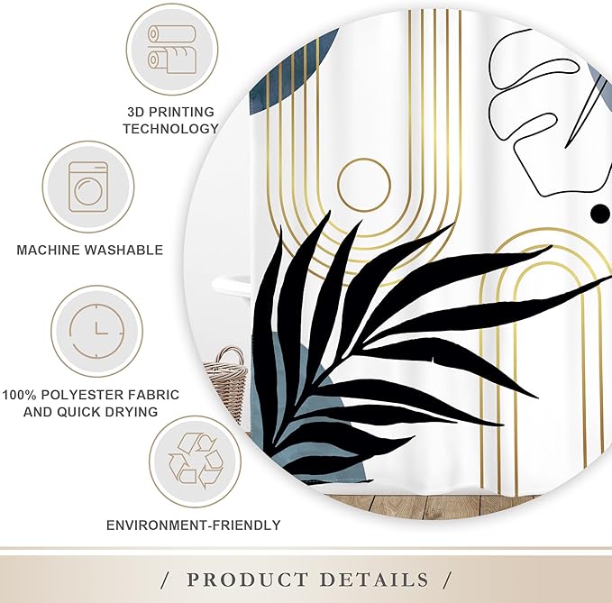 Glawry Abstract Tropical Shower Curtain Chic Boho Plant Palm Leaf Watercolor Blue Simple Minimalist Bathroom Modern Botanical 60Wx72L Inches Bath Accessories Art Home Decor Fabric with Hooks