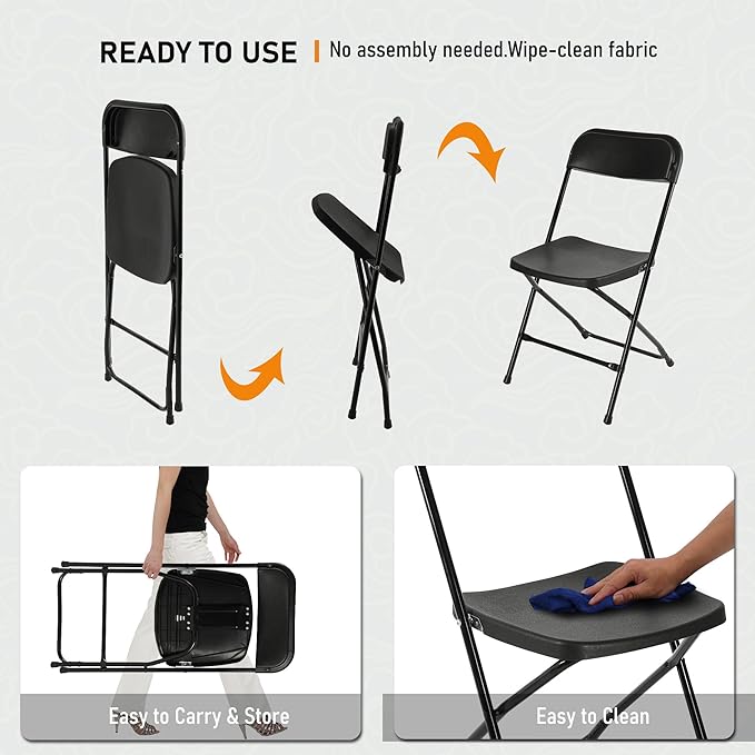SEALAMB 6 Pack Black Plastic Folding Chairs for Indoor Outdoor, Portable Commercial Seat with Steel Frame for Home Office Wedding Party Events, 350lb Capacity (Black-Plastic, 6 Pack)