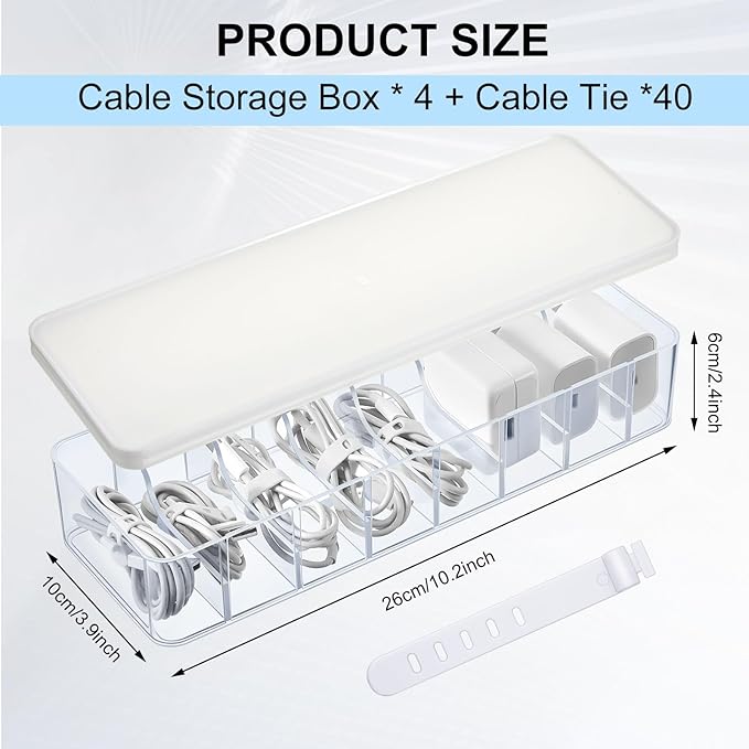Tatuo 1 Pcs Cable Organizer Box with Wire Ties, Plastic Cord Storage Box with Lid, Electronics Organizer for Home Office Desk Organizers and Accessories (10.79'' X 3.78'' X 1.97'',Clear,White)