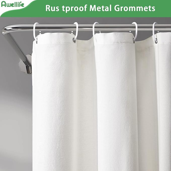 Awellife Farmhouse White Shower Curtain Button Linen Textured Woven Fabric,Country Style 72" W x 72" L