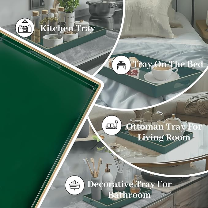 MAONAME Dark Green Decorative Tray, Serving Tray with Handles, Plastic Trays for Coffee Table, Rectangular Trays for Living Room, Bedroom, 15.8" X 10.2" X 1.4"