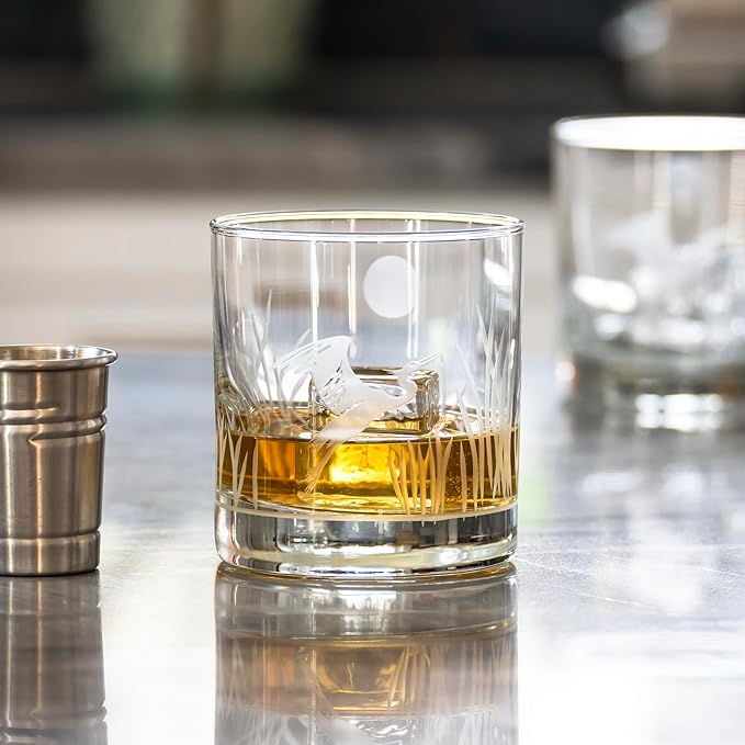 Rolf Glass Heron On the Rocks Glass | Set of 2 Etched 11oz Whiskey Glasses | Made in America | Coastal Bird Design | Diamond-Wheel Engraved and Sand Etched