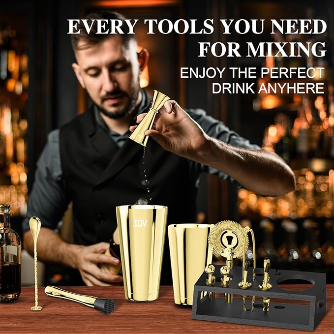 IOV Cocktail Shaker Set: 12-Piece Mixology Bartender Kit Bar Set | 18oz & 28oz Boston Shaker Drink Mixing Tools for Home with Recipe Booklet and Stand | Fun Housewarming Gift (Gold)