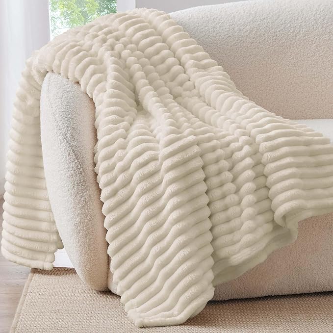 BEDELITE Fleece Throw Blanket for Couch - 300GSM Soft & Warm Fluffy Beige Blanket, Decorative and Giftable Striped Blankets for Women, Men, 50"x60"