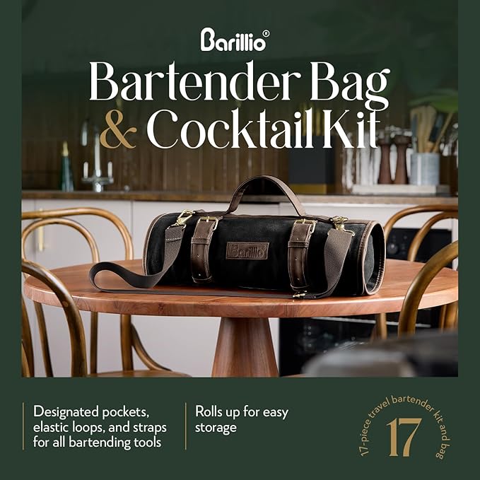Barillio Bartender Kit Bag with Black Cocktail Shaker Set - Waxed Canvas, Traveling Bar Tools Bag with 17-Pc Cocktail Kit - Travel Mixology Bartending Kits - Mobile Bar Roll with Strap & Accessories