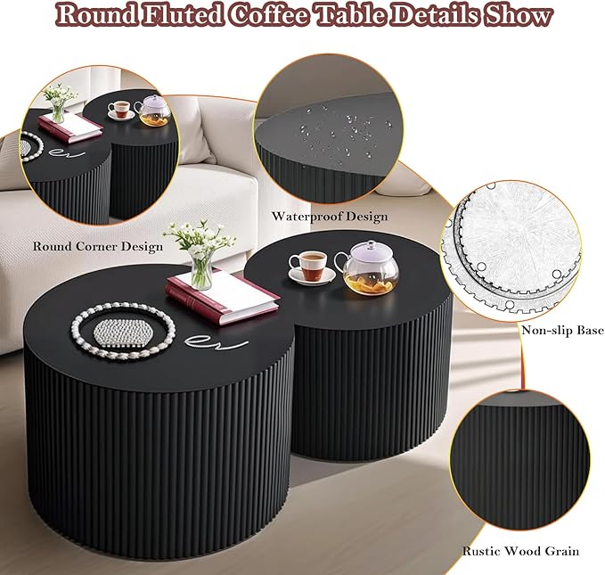 Black Round Fluted Coffee Table Set of 2 - Handcraft Embossed Design, Stylish Combination Center Drum Table for Living Room - No Assemble Needed (D-18.9IN+15IN)