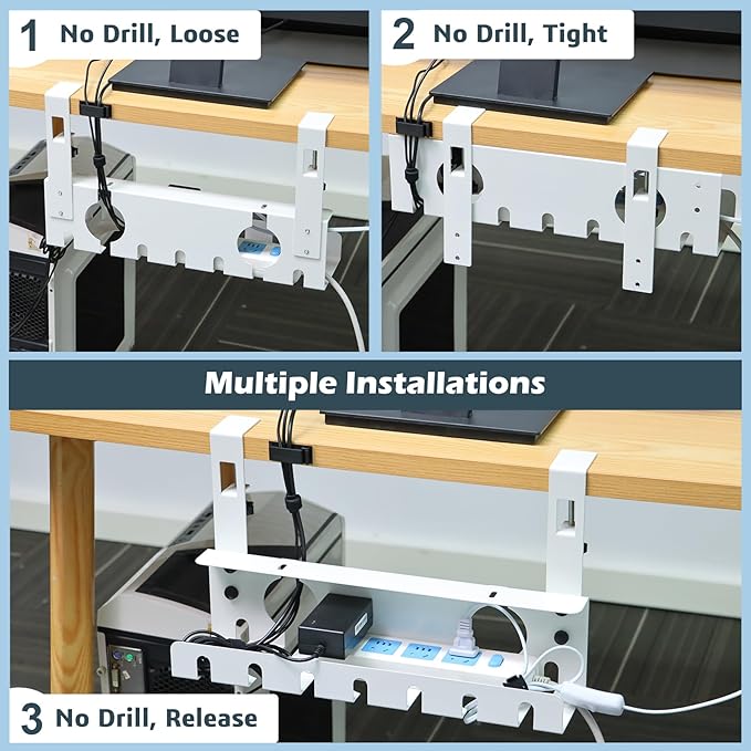 Under Desk Cable Management Tray 2 Pack White, No Drill Cord Organizer with Clamp for Wire Management, Home & Office Accessories