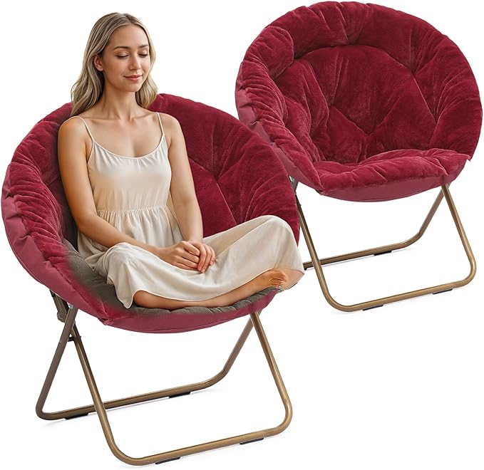 Athena Collection Comfy Saucer Chair Folding Cozy Chair for Bed Room Living Room Accent Chair Faux Fur Reading Chair Foldable Metal Frame Lazy Chair Moon Chair for Adult Set of 2, Red