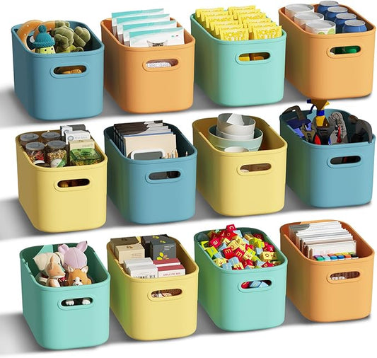 12 Pack Colorful Plastic Storage Bins, Storage Container for Organizing, Colored Storage Boxes with Handle for Shelves, Cute Organizer Bins for Craft, Snacks, Cabinet, 9.69x6.7x5.7 inch
