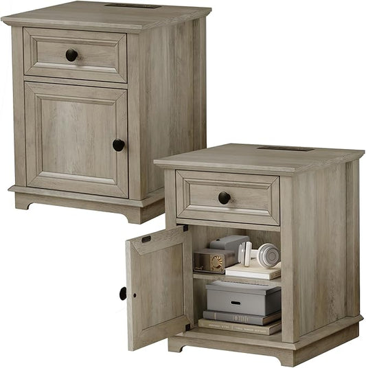 End Tables with Charging Station Set of 2, Side Tables with Drawer and Adjustable Shelf, Night Stand Set of 2, Wooden Side Table for Living Room/Bedroom/Office, Light Grey.