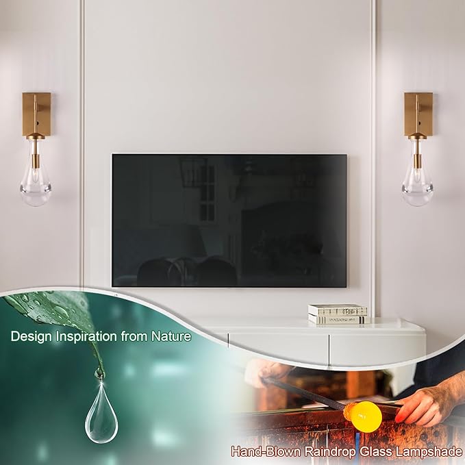 HuisMier Raindrop Wall Sconces, Brushed Brass Glass Wall Sconce with On Off Switch, Modern Wall Light Fixtures Bathroom Wall Lamp for Bedroom Living Room Vanity Hallway