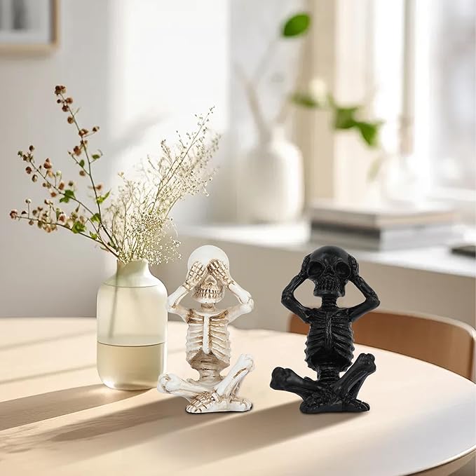 Skull Shelf Decor,Yoga Skeleton Figurine,Halloween Gothic Home Decor,Antique Silver Accent Statue,Collectible Figurines Set of 3(Black)