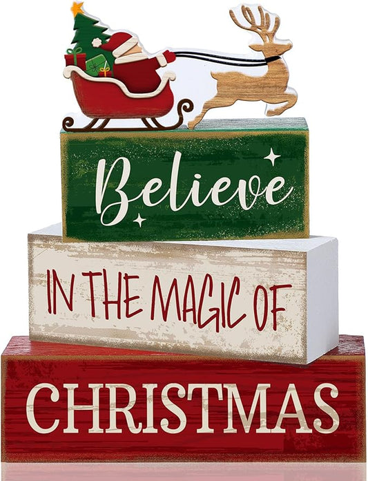 4 Pcs Christmas Table Decoration Wooden Santa Claus Decor Christmas Tiered Tray Decor Decorative Santa Claus Elk Block Sign Gift Farmhouse Xmas Table Centerpiece for Home Kitchen Shelf