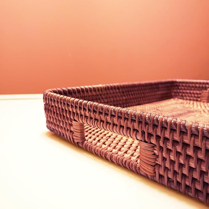 i-lan 17 Inch Oversize Handwoven Dark Brown Rattan Rectangular Serving Tray with Cutout Handles, 2.3” High Wall Decorative Woven Rattan Storage Baskets Organizer Platter for Bread, Fruits