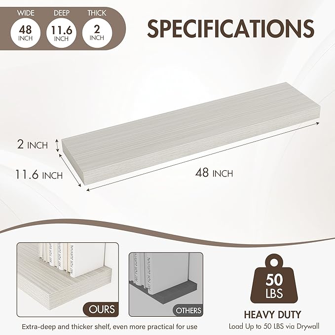 48 Inch Floating Shelves, 12" Deep Floating Shelf Wall Mounted, 48" Wall Shelves, Rustic Deep Bookshelf, Extra Deeper & Thicker Display Shelves for Bedroom, Living Room, Gray, Set of 2