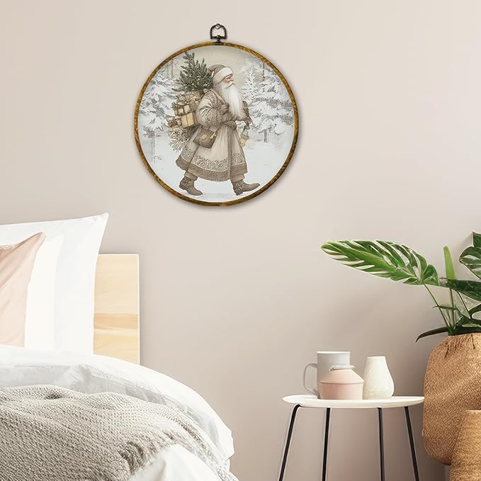 QZQE Vintage Christmas Santa Round Wall Art Decor Framed, Antique Christmas Circle Canvas Prints, Rustic Winter Neutral Xmas Santa Circular Wall Hanging Decor for Home Bedroom Living Room, 10x10 Inch