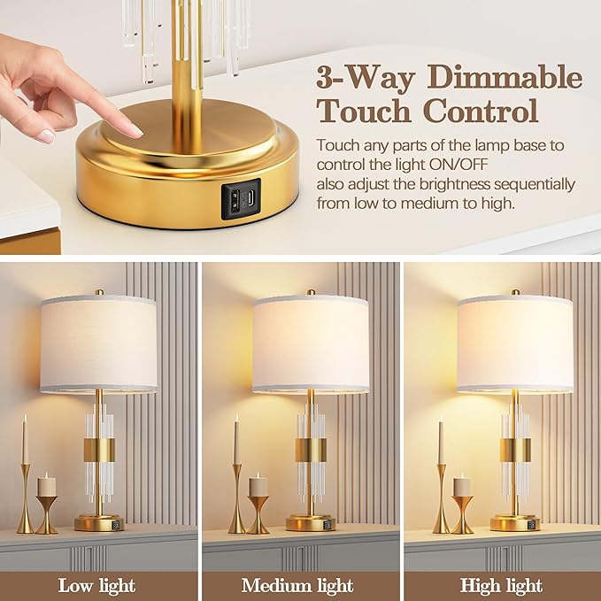 QiMH Table Lamp for Living Room with USB A+C Ports, Gold Bedside Lamps for Bedrooms Set of 2 with Touch Control, Modern Nightstand Lamp White Lamp Shade Home Office Decor (2700K LED Bulb Included)
