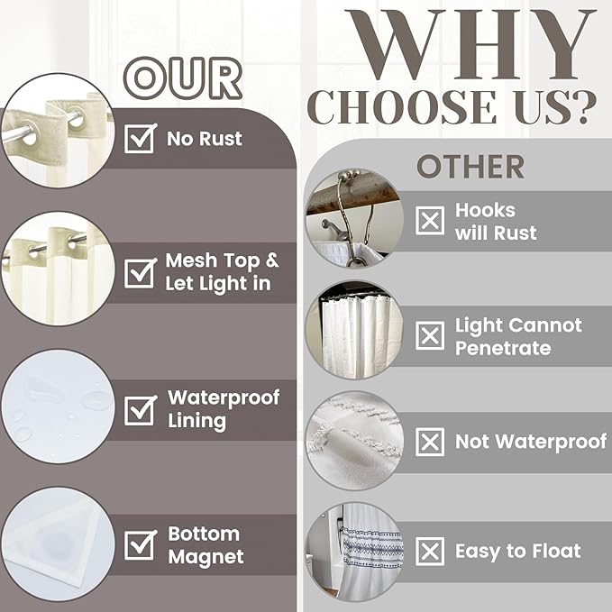 No Hook Slub Textured Shower Curtain with Snap in Liner - Sand Fabric Outer Curtain & Waterproof Inner Liner, Hotel Style with See Through Top Window, 71x74 in