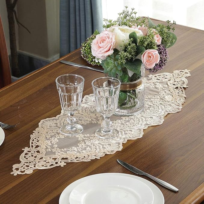 ARTABLE Rectangle Table Runner Lace Macrame Embroidered Table Runners with Exquisite Vintage Shabby Chic for Holiday Wedding Long Dinner Tables (Light Gold, 12 x 28 Inch)